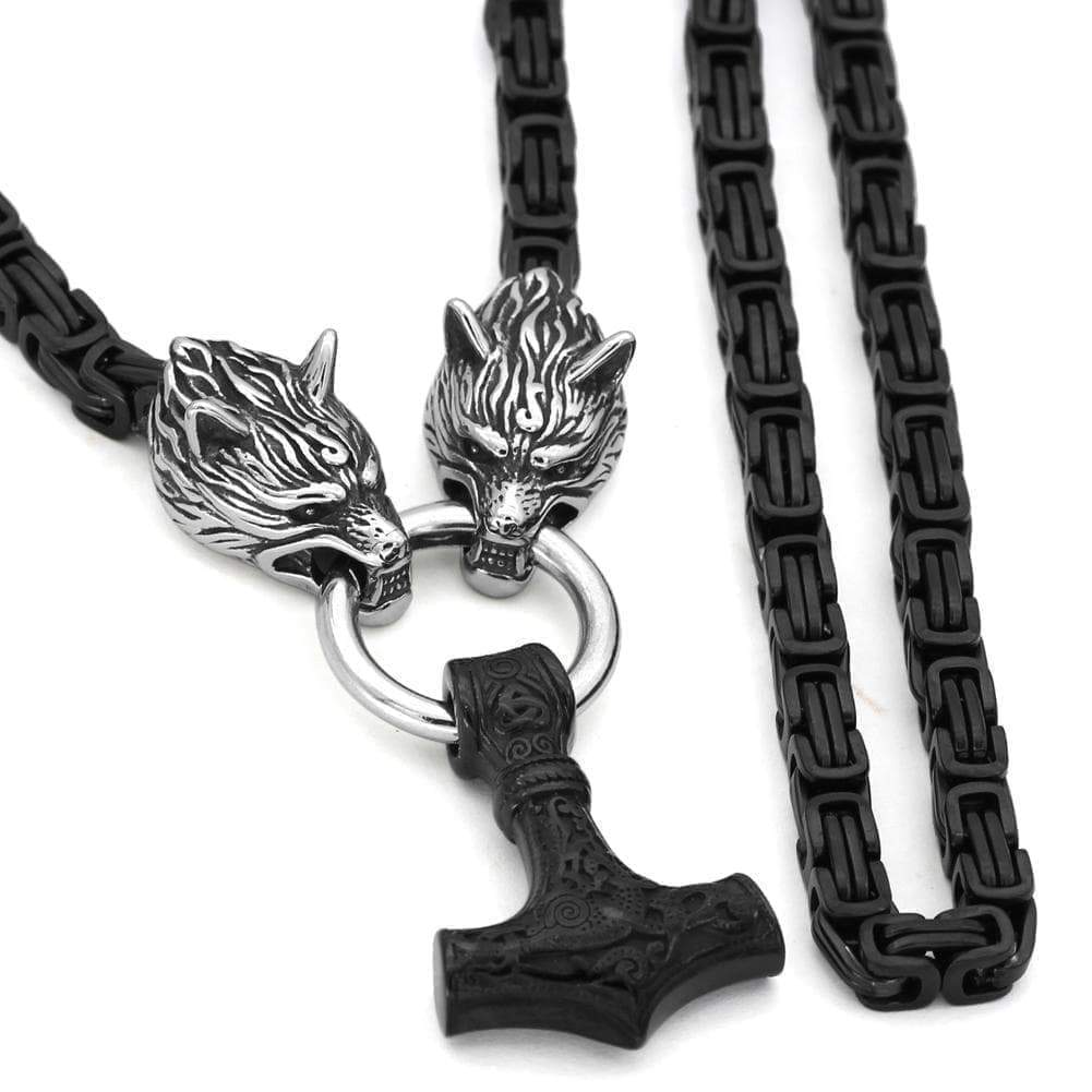 Vikings Wolf Head Mjolnir King Chain Stainless Steel Necklace | Pendants & Necklaces | Wiccan Center