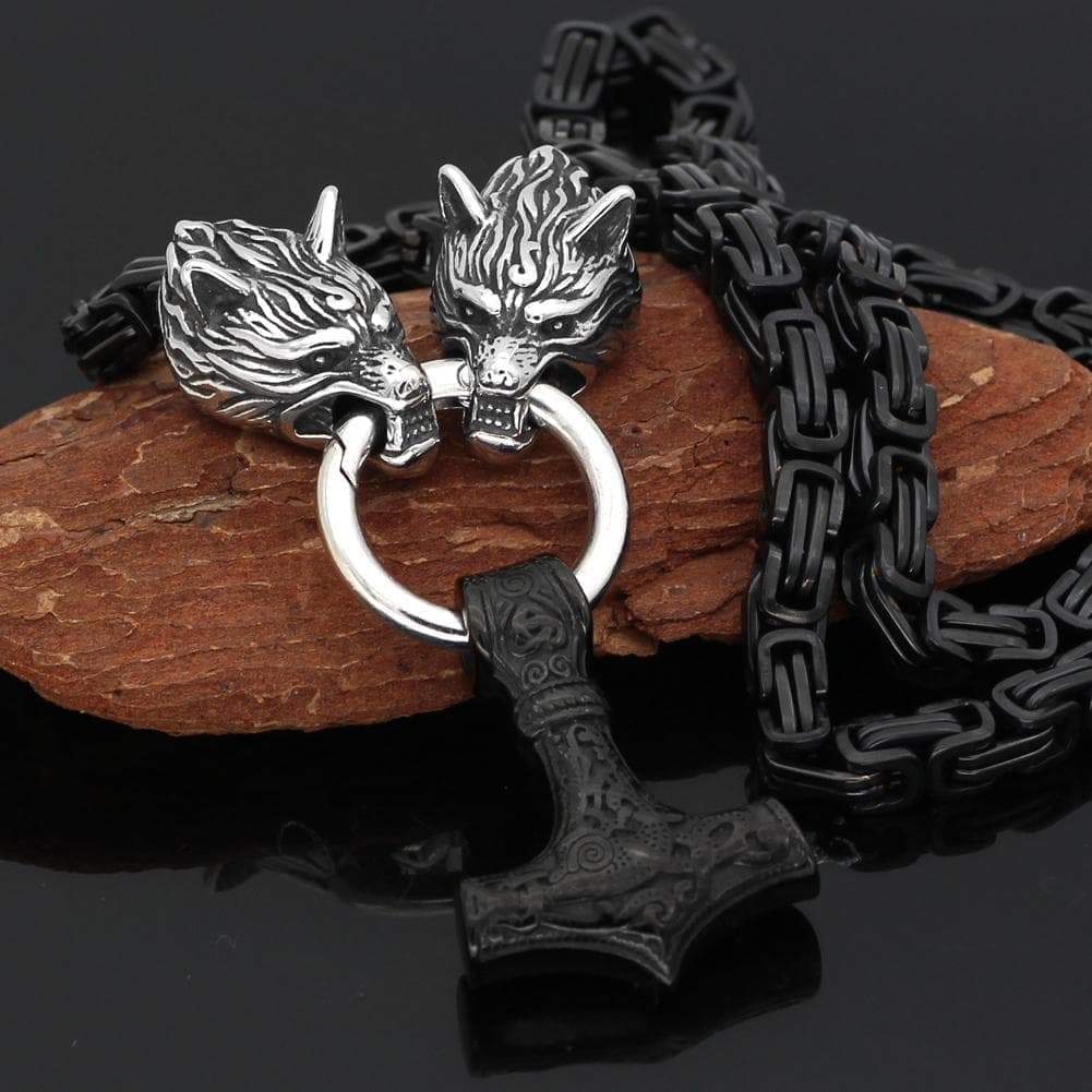 Vikings Wolf Head Mjolnir King Chain Stainless Steel Necklace | Pendants & Necklaces | Wiccan Center