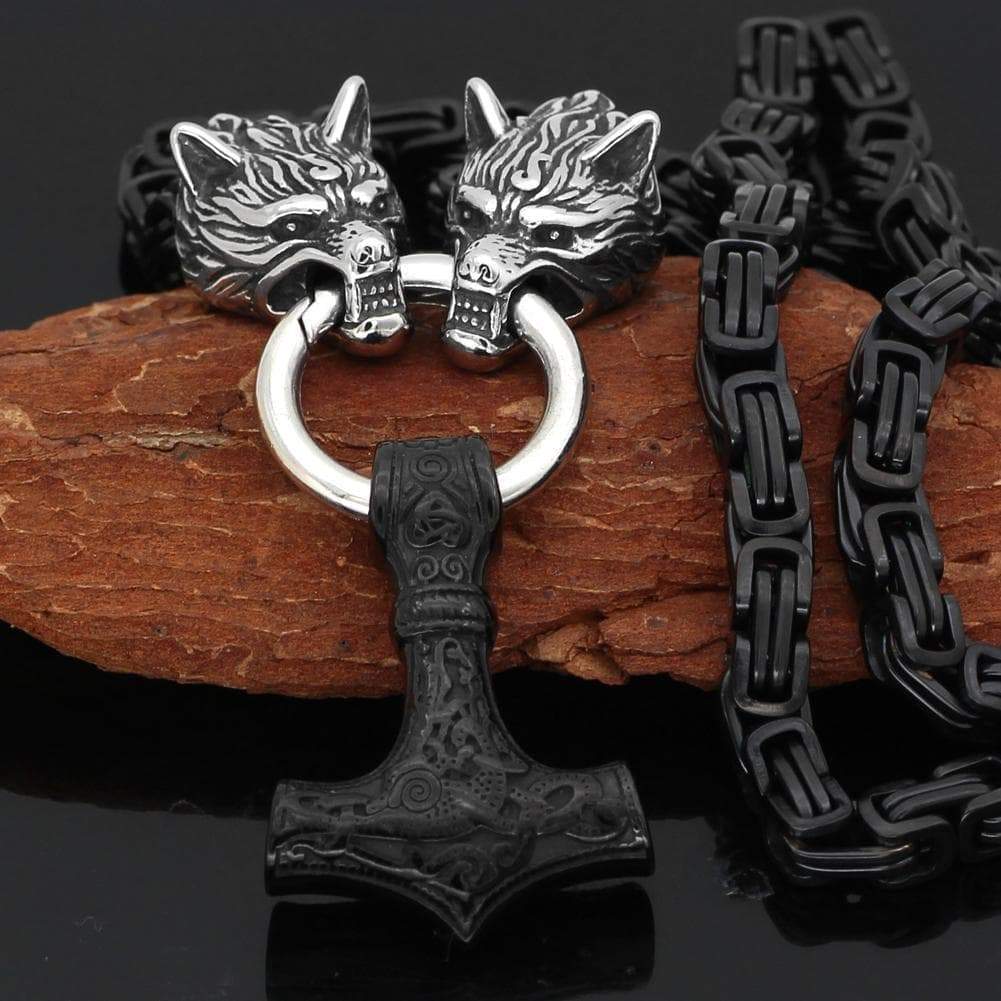 Vikings Wolf Head Mjolnir King Chain Stainless Steel Necklace | Pendants & Necklaces | Wiccan Center