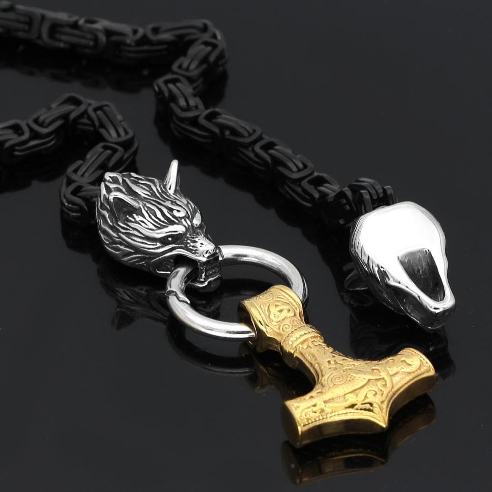 Vikings Wolf Head Mjolnir King Chain Stainless Steel Necklace | Pendants & Necklaces | Wiccan Center