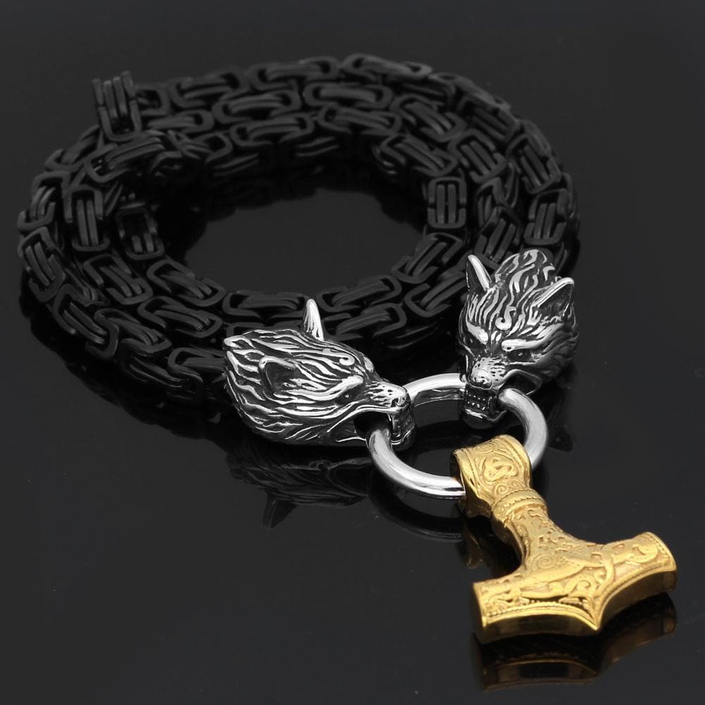 Vikings Wolf Head Mjolnir King Chain Stainless Steel Necklace | Pendants & Necklaces | Wiccan Center