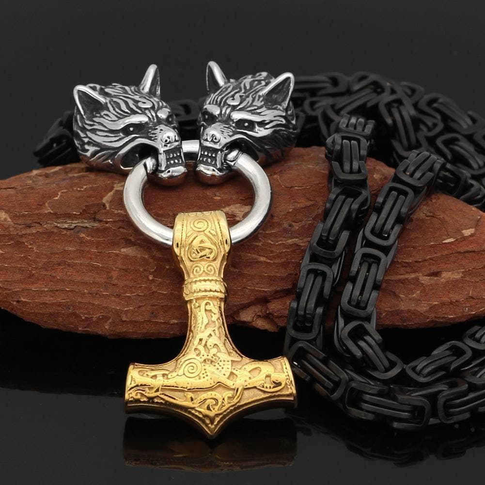 Vikings Wolf Head Mjolnir King Chain Stainless Steel Necklace | Pendants & Necklaces | Wiccan Center