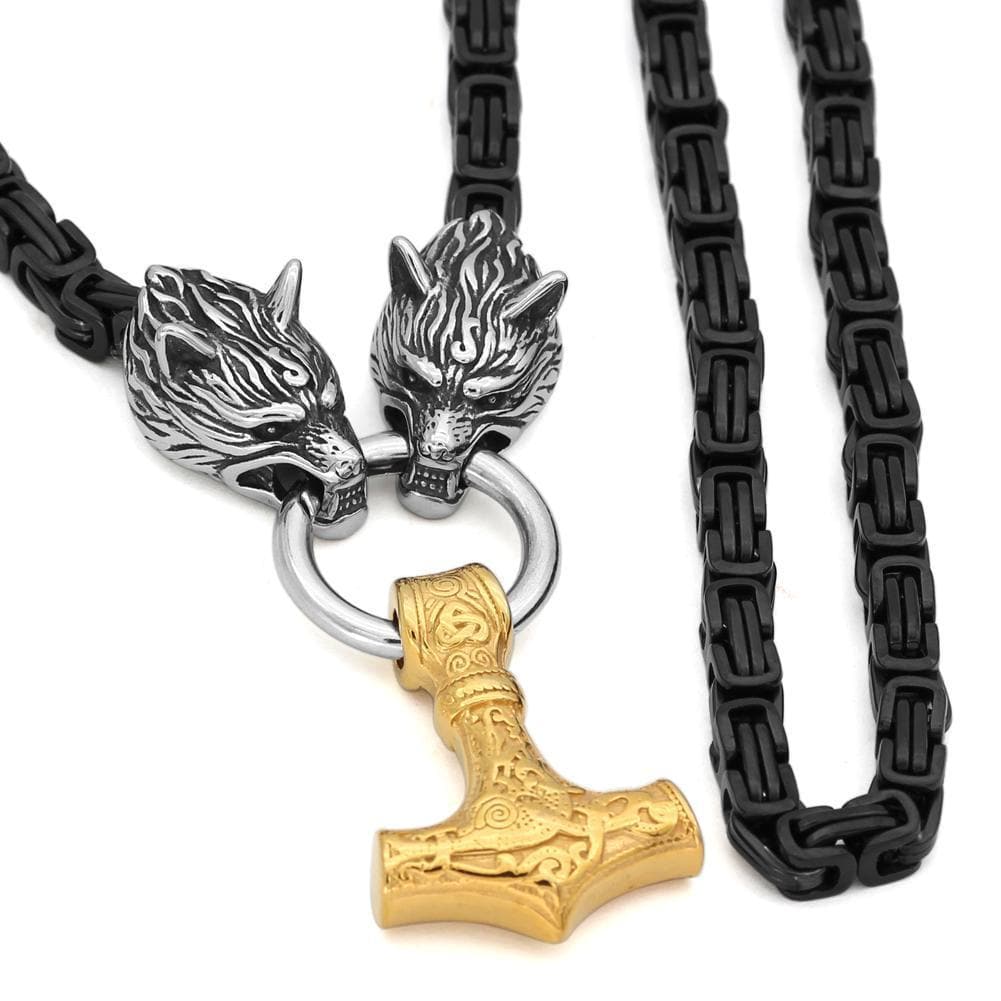 Vikings Wolf Head Mjolnir King Chain Stainless Steel Necklace | Pendants & Necklaces | Wiccan Center