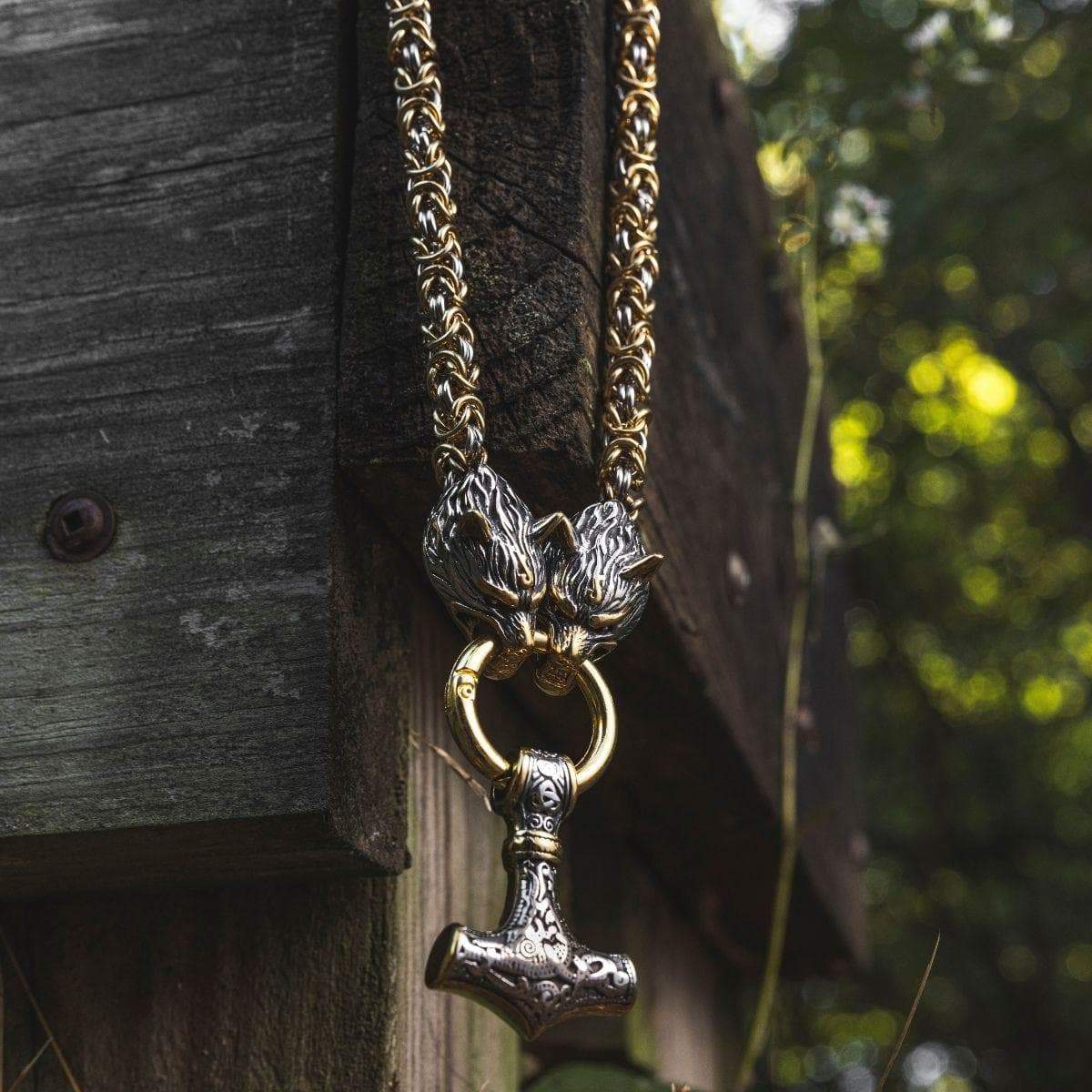 Vikings Wolf Head Mjolnir Byzantine Chain with Stainless Steel Necklace | Pendants & Necklaces | Wiccan Center
