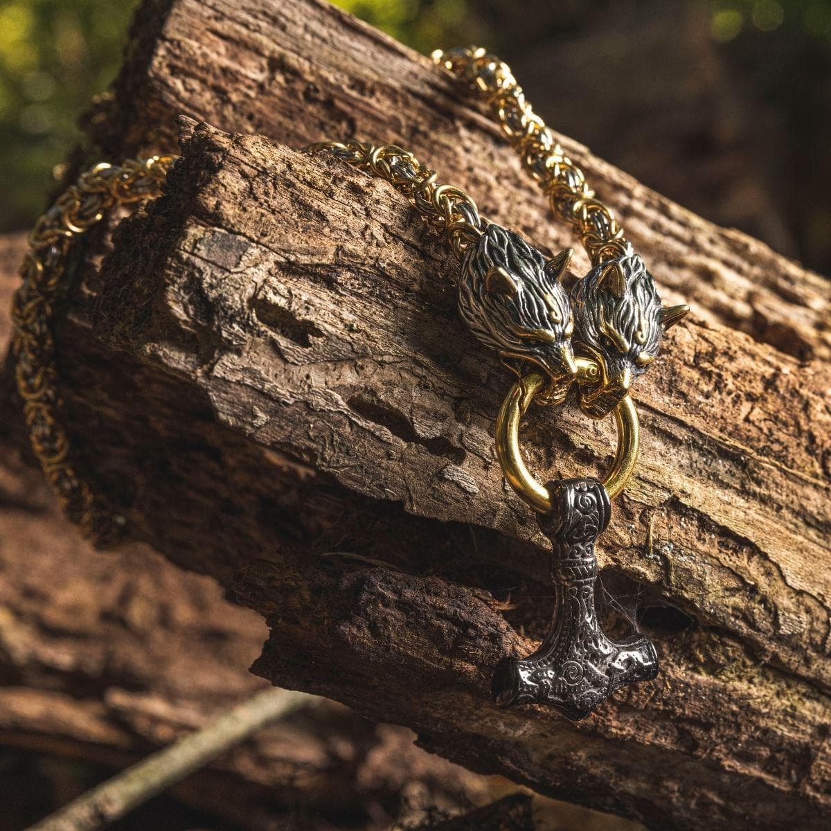 Vikings Wolf Head Mjolnir Byzantine Chain with Stainless Steel Necklace | Pendants & Necklaces | Wiccan Center