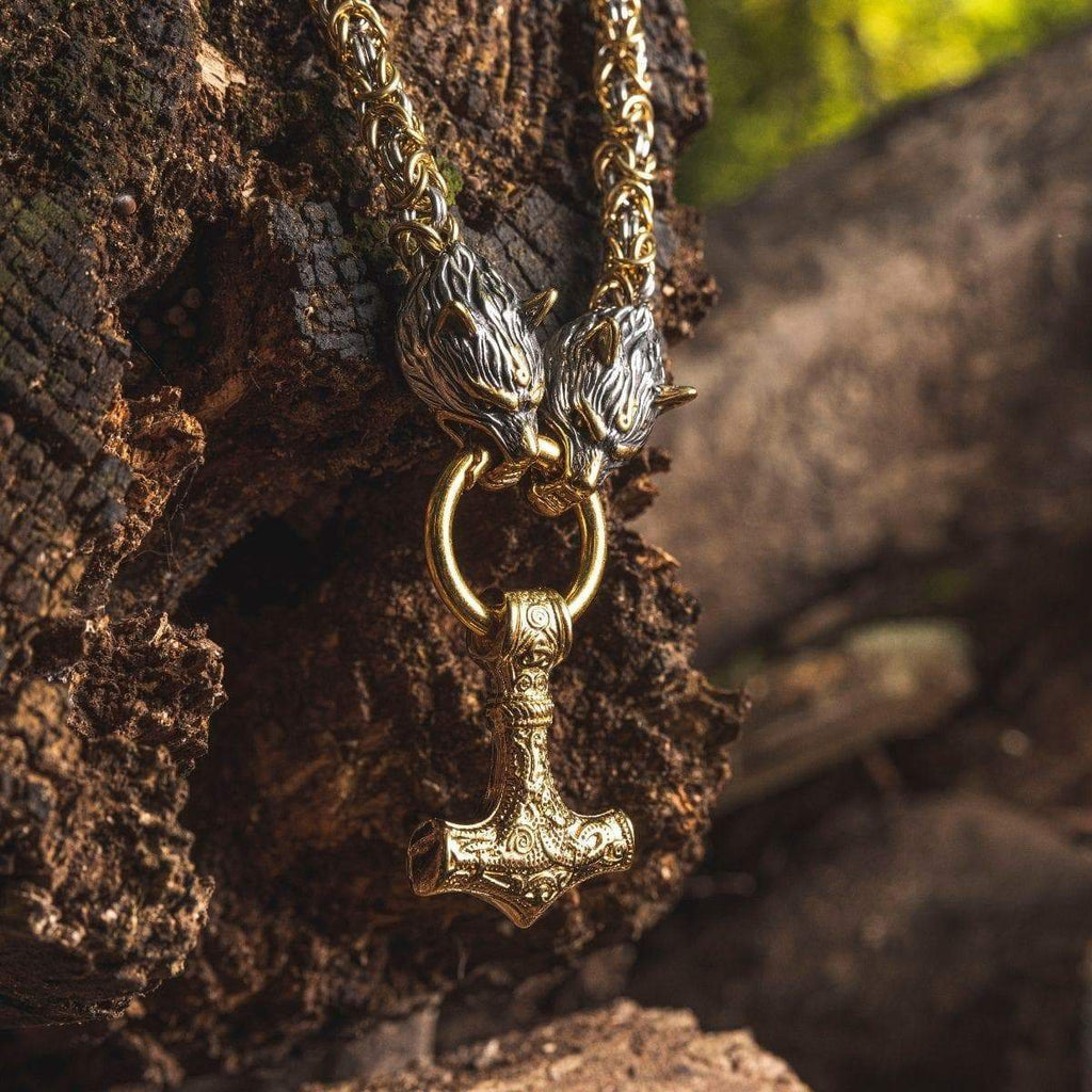 Vikings Wolf Head Mjolnir Byzantine Chain with Stainless Steel Necklace | Pendants & Necklaces | Wiccan Center