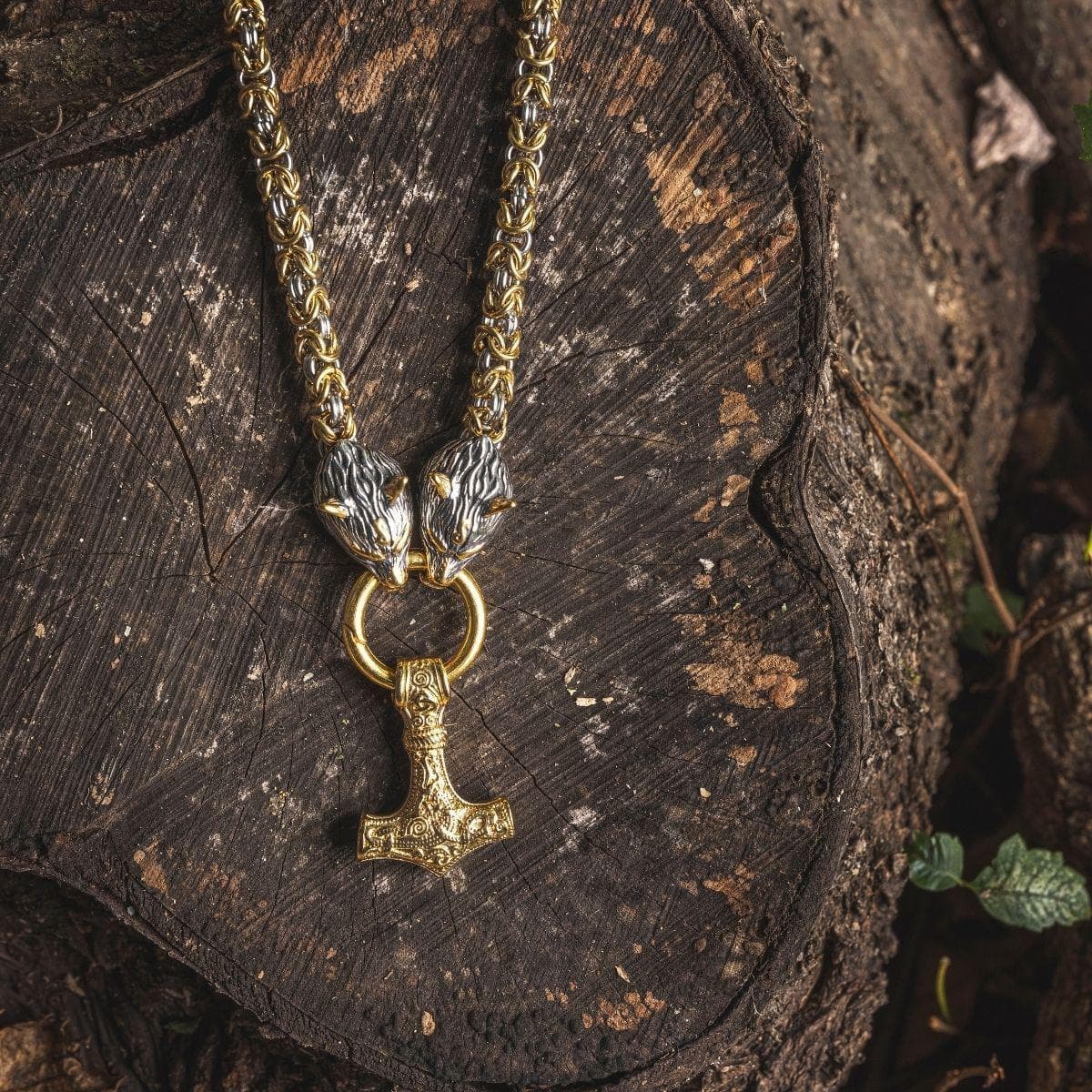 Vikings Wolf Head Mjolnir Byzantine Chain with Stainless Steel Necklace | Pendants & Necklaces | Wiccan Center