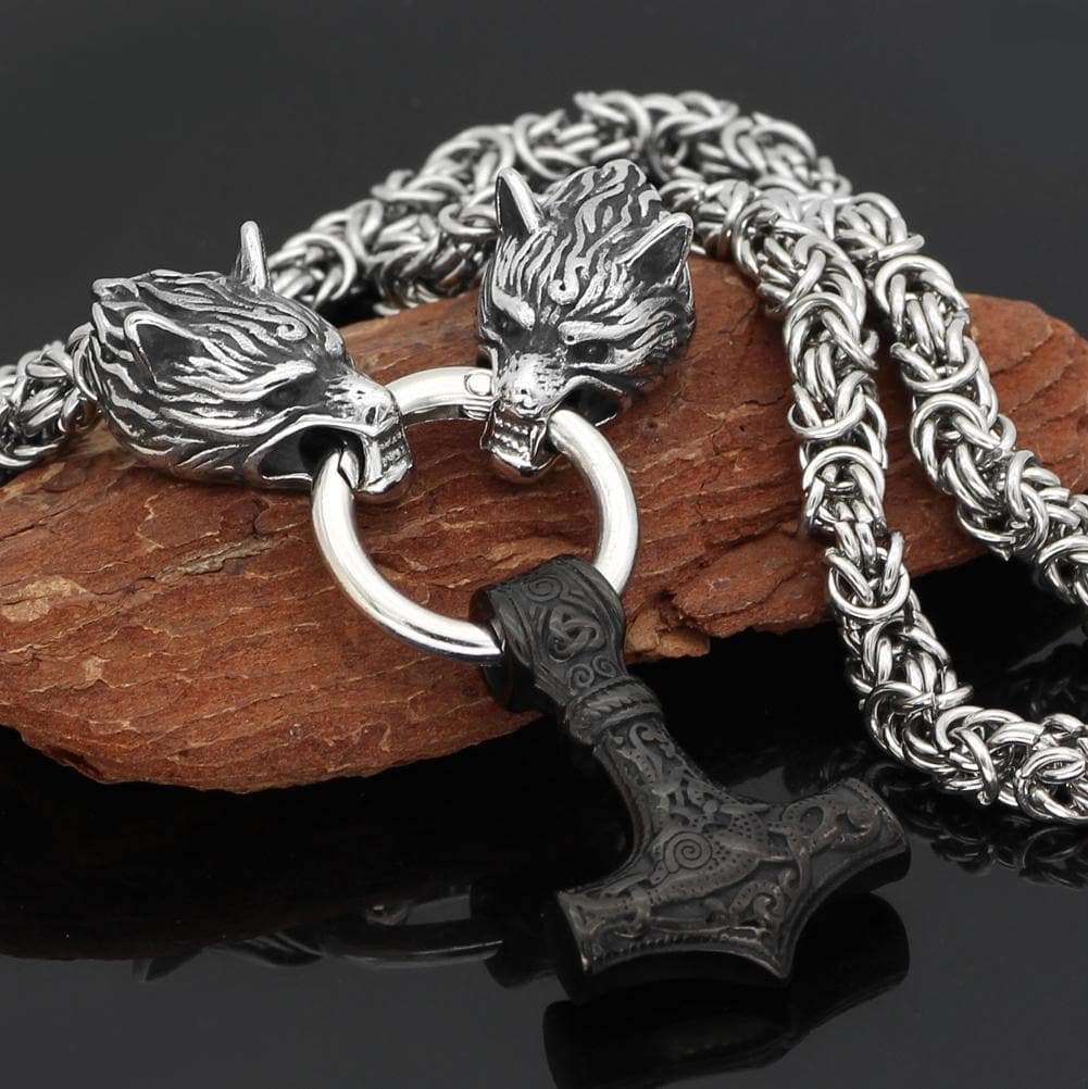 Vikings Wolf Head Mjolnir King Chain Stainless Steel Necklace | Pendants & Necklaces | Wiccan Center