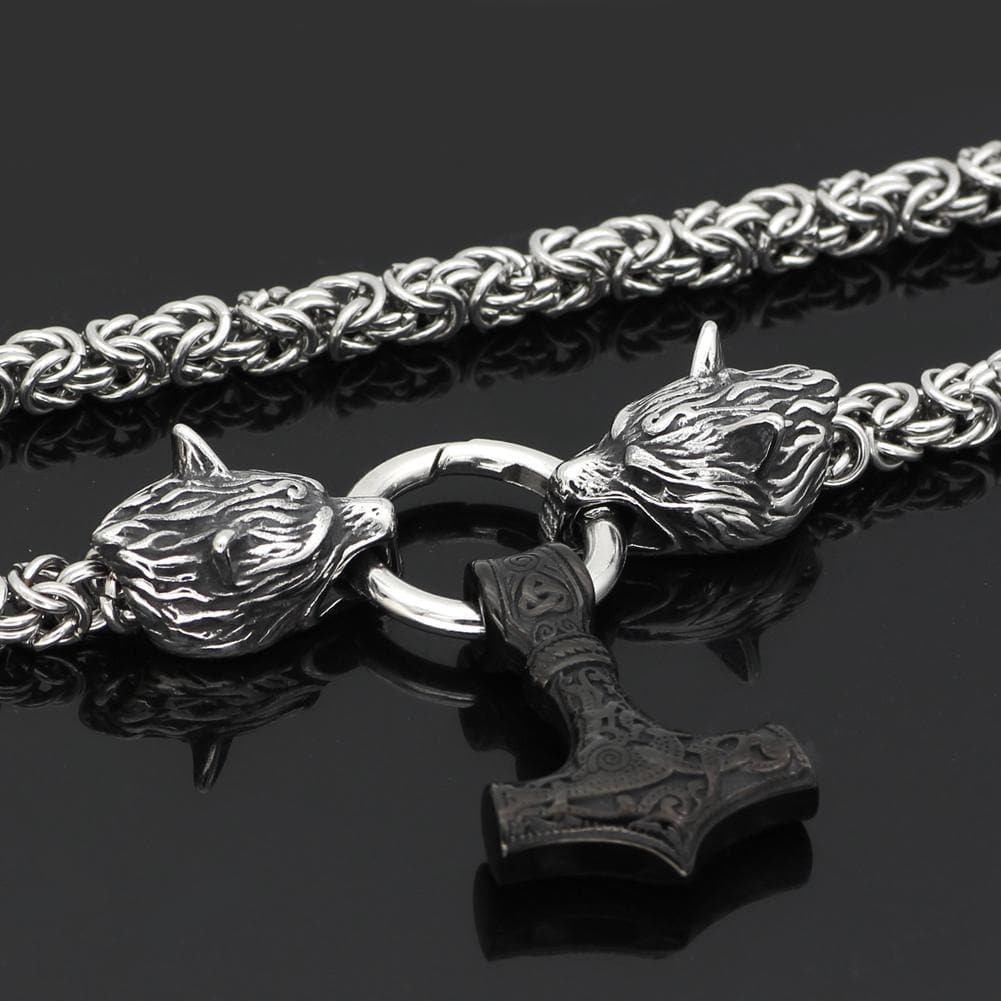 Vikings Wolf Head Mjolnir King Chain Stainless Steel Necklace | Pendants & Necklaces | Wiccan Center