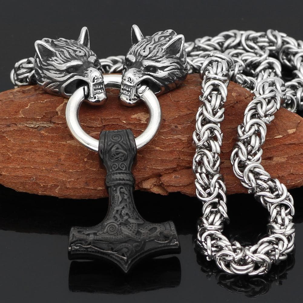 Vikings Wolf Head Mjolnir King Chain Stainless Steel Necklace | Pendants & Necklaces | Wiccan Center