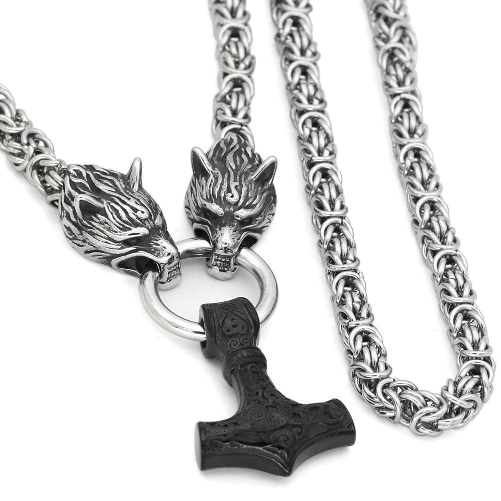 Vikings Wolf Head Mjolnir King Chain Stainless Steel Necklace | Pendants & Necklaces | Wiccan Center