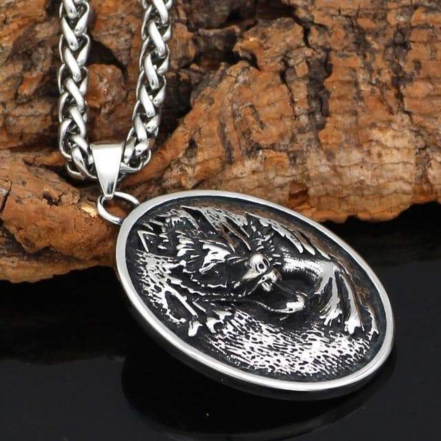 Viking Nordic Wolf - Fenrir Stainless Steel Oval Pendant and Necklace | Pendants & Necklaces | Wiccan Center