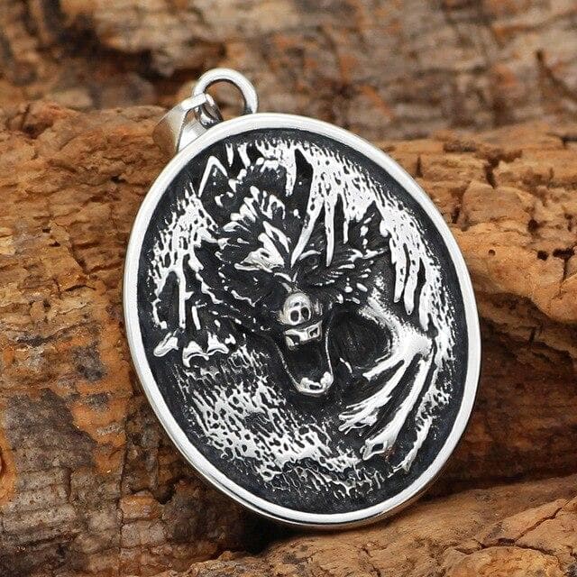 Viking Nordic Wolf - Fenrir Stainless Steel Oval Pendant and Necklace | Pendants & Necklaces | Wiccan Center