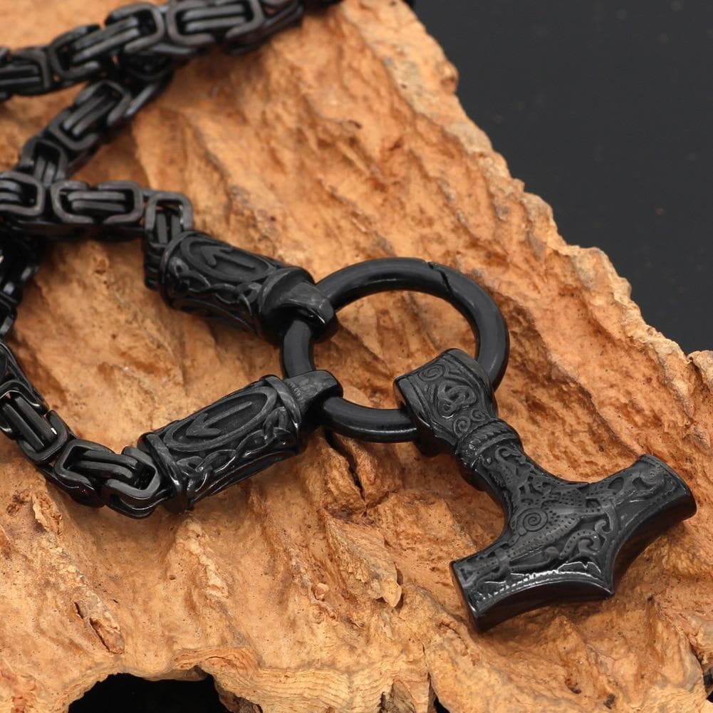 Vikings Skane Thor's Hammer Pendant with Runic King Chain | Pendants & Necklaces | Wiccan Center