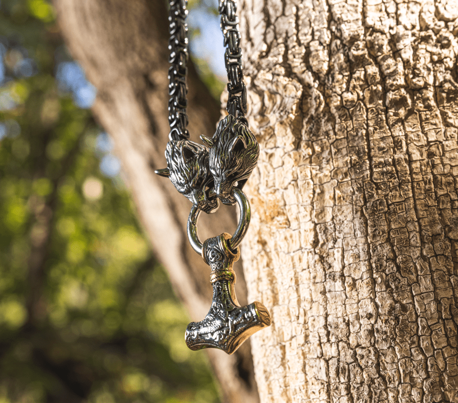 Vikings Wolf Mjolnir Stainless Steel King Chain Necklace | Pendants & Necklaces | Wiccan Center
