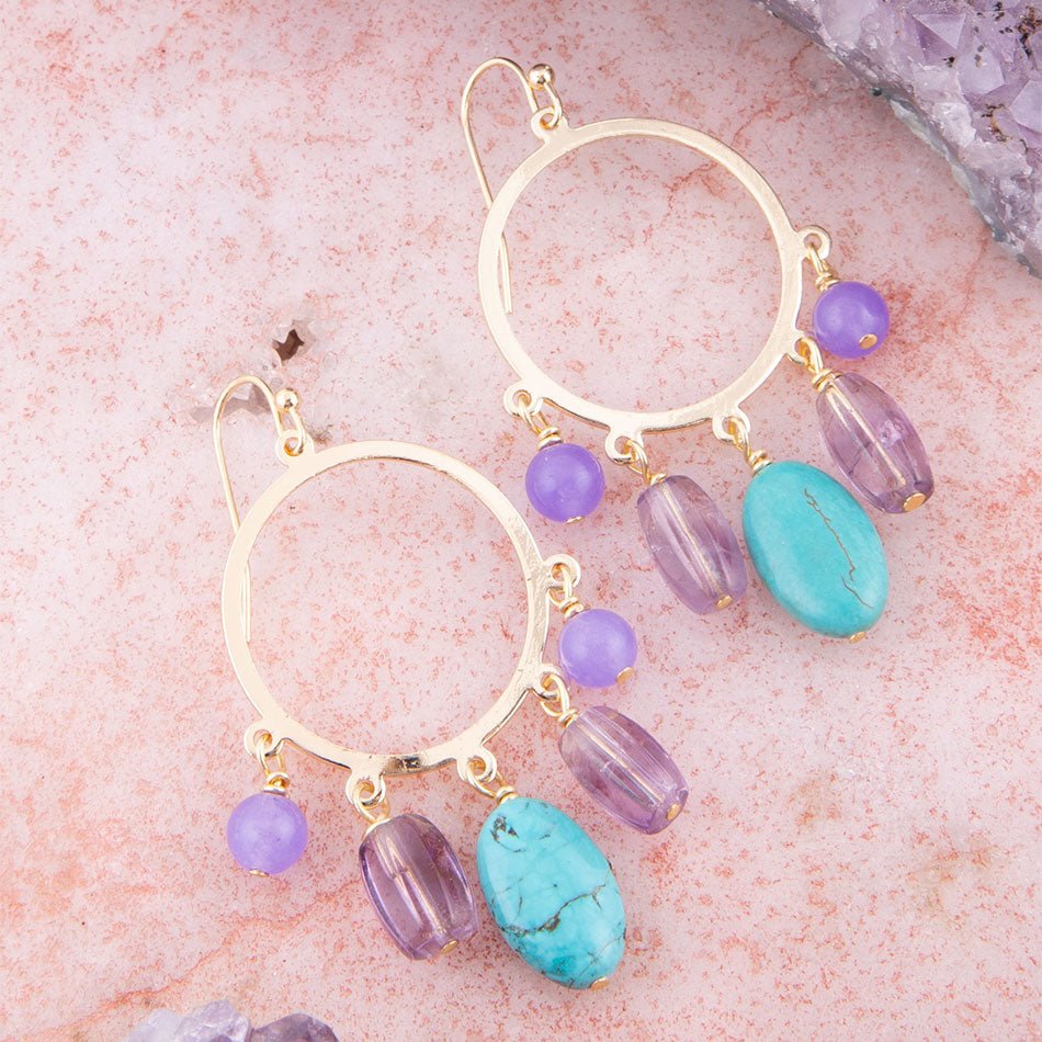 Purple Periwinkle Amethyst and Blue Magnesite Golden Chandelier Earrings | Earrings | Wiccan Center