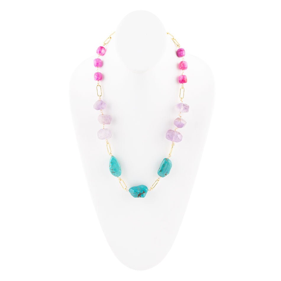 Purple Periwinkle Amethyst and Blue Turquoise Long Golden Necklace | Necklaces | Wiccan Center