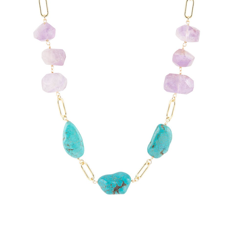 Purple Periwinkle Amethyst and Blue Turquoise Long Golden Necklace | Necklaces | Wiccan Center