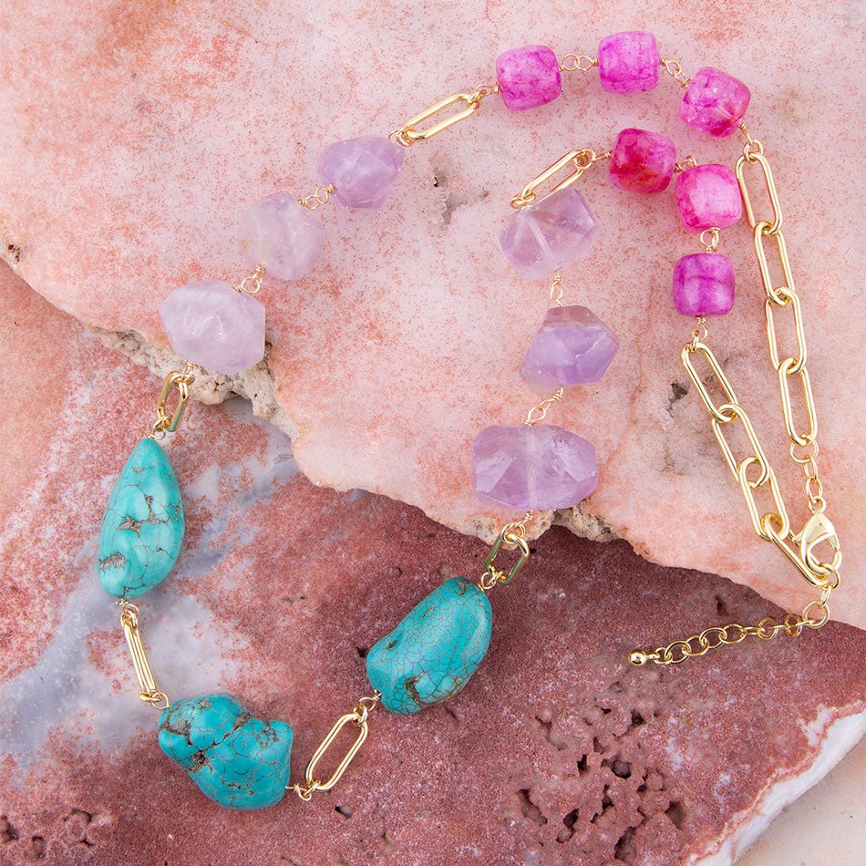 Purple Periwinkle Amethyst and Blue Turquoise Long Golden Necklace | Necklaces | Wiccan Center