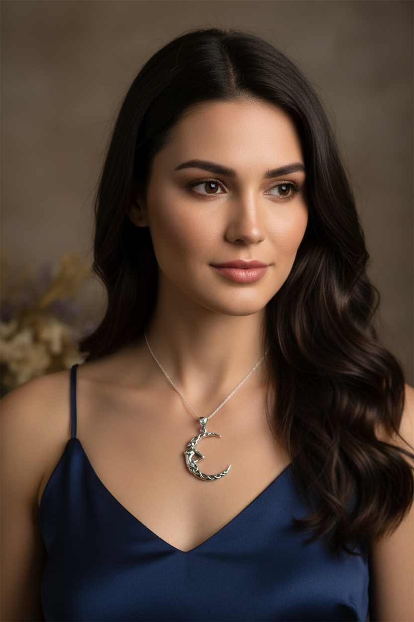 Sorcha Crescent Moon Goddess Necklace in Sterling Silver