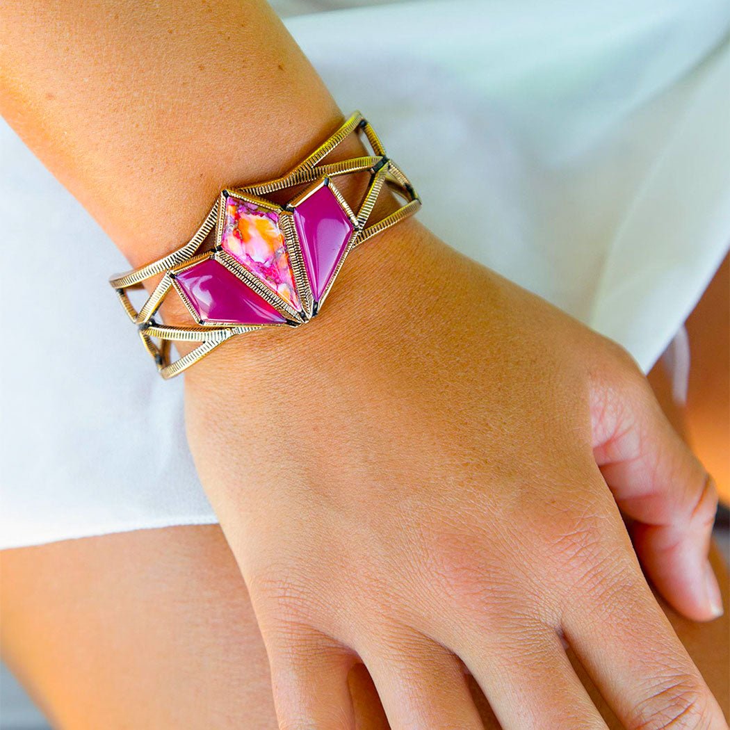 Pink Agate and Coral Matrix Golden Cuff Bracelet | Bracelets | Wiccan Center