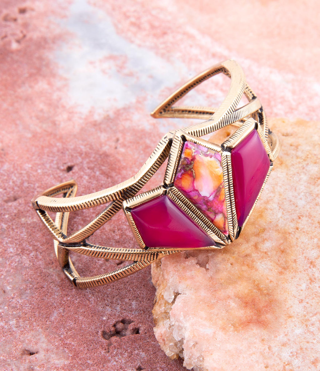 Pink Agate and Coral Matrix Golden Cuff Bracelet | Bracelets | Wiccan Center