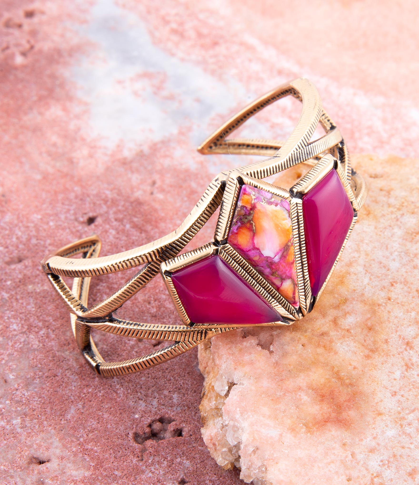 Pink Agate and Coral Matrix Golden Cuff Bracelet | Bracelets | Wiccan Center