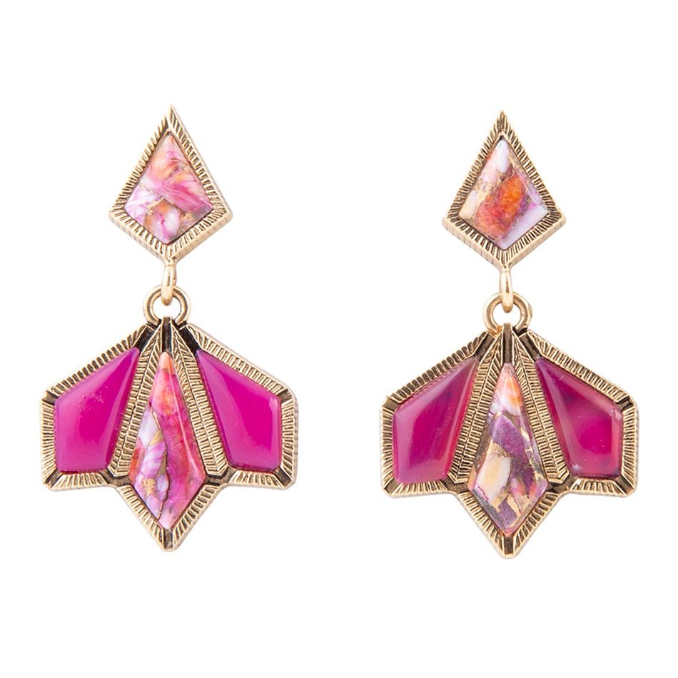 Pink Agate and Shell Matrix Golden Statement Earrings | Earrings | Wiccan Center