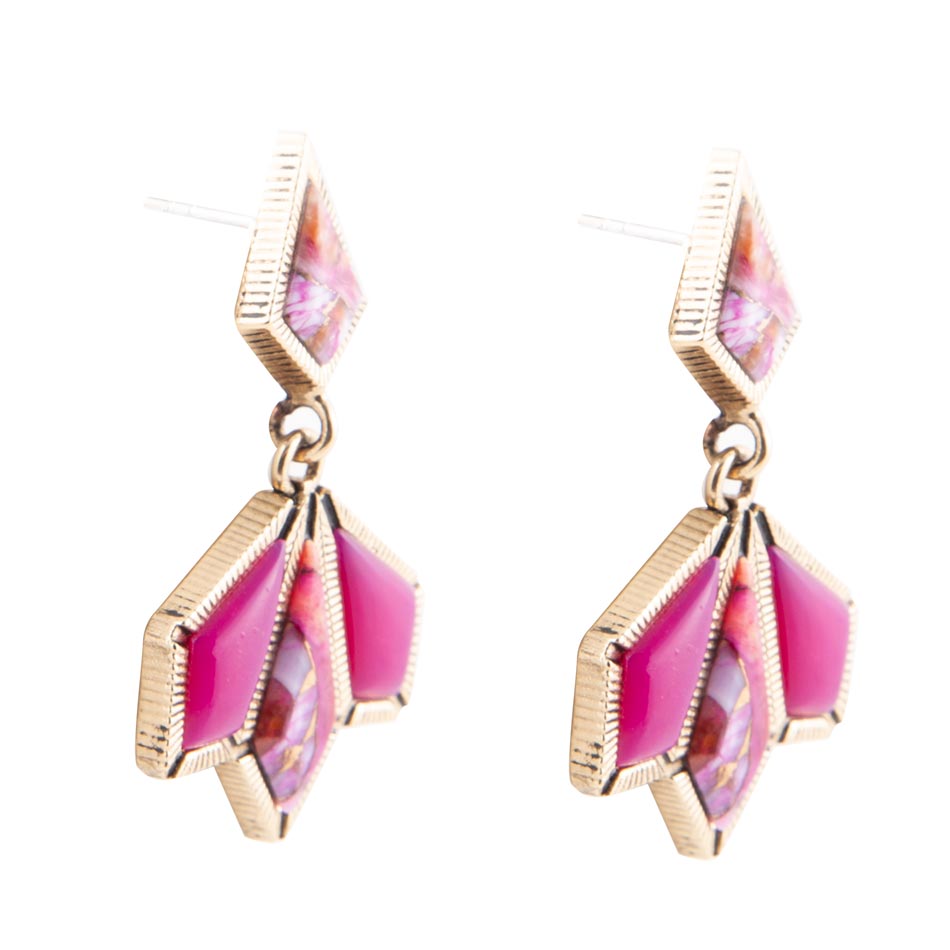 Pink Agate and Shell Matrix Golden Statement Earrings | Earrings | Wiccan Center