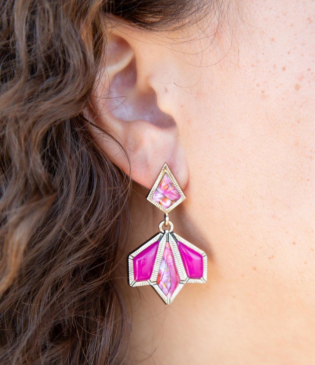 Pink Agate and Shell Matrix Golden Statement Earrings | Earrings | Wiccan Center