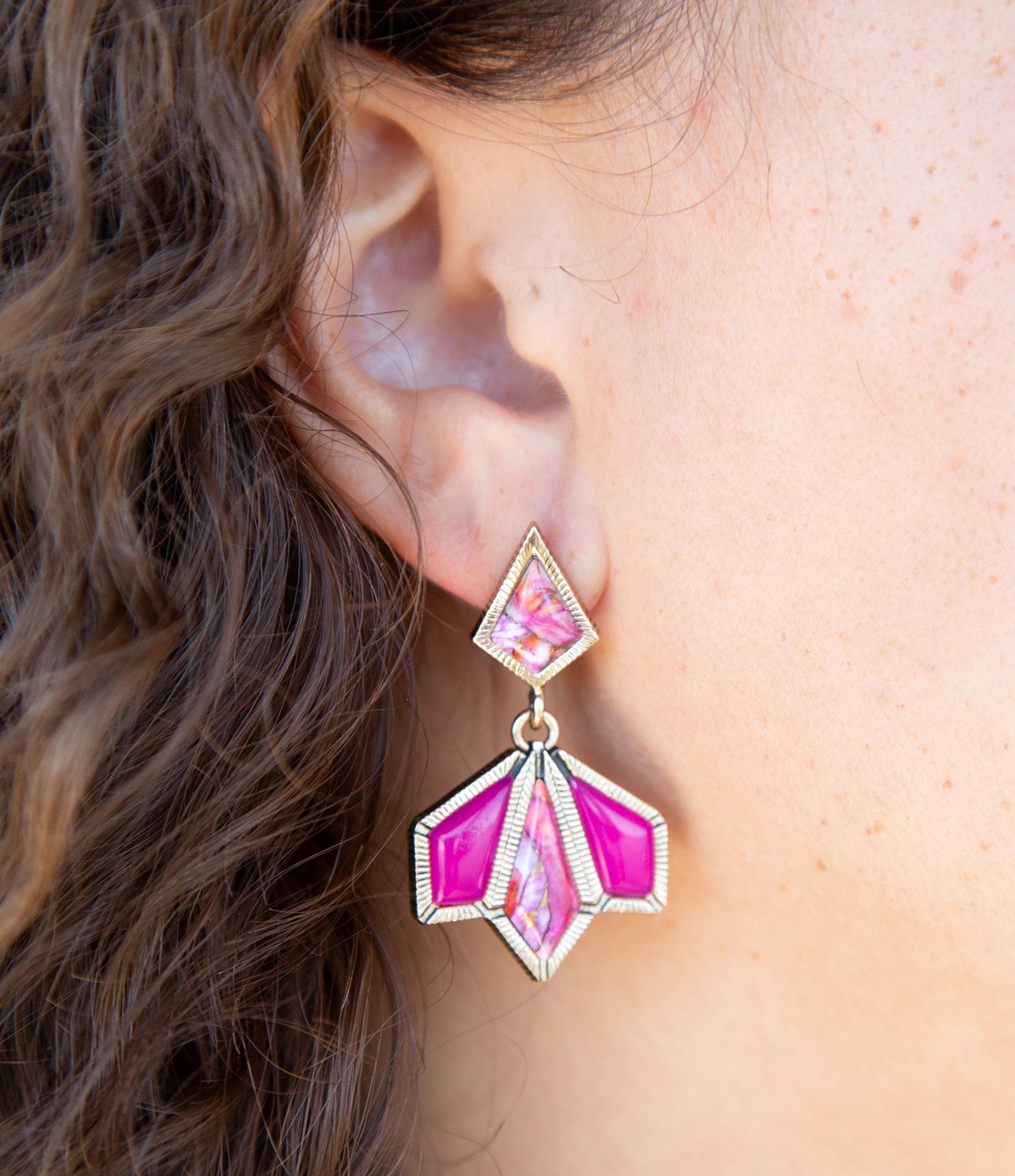 Pink Agate and Shell Matrix Golden Statement Earrings | Earrings | Wiccan Center