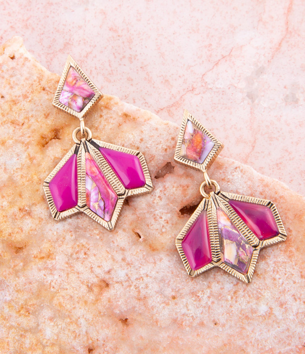 Pink Agate and Shell Matrix Golden Statement Earrings | Earrings | Wiccan Center