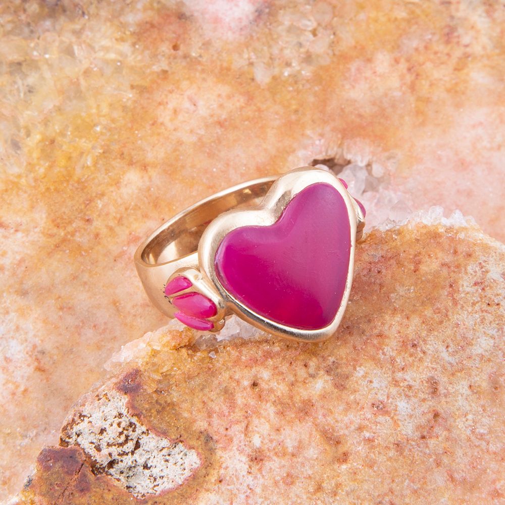 Pink Agate Heart Golden Statement Ring | Rings | Wiccan Center