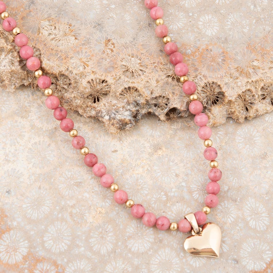 Pink Rhodonite and Golden Bronze Heart Pendant Necklace | Necklaces | Wiccan Center