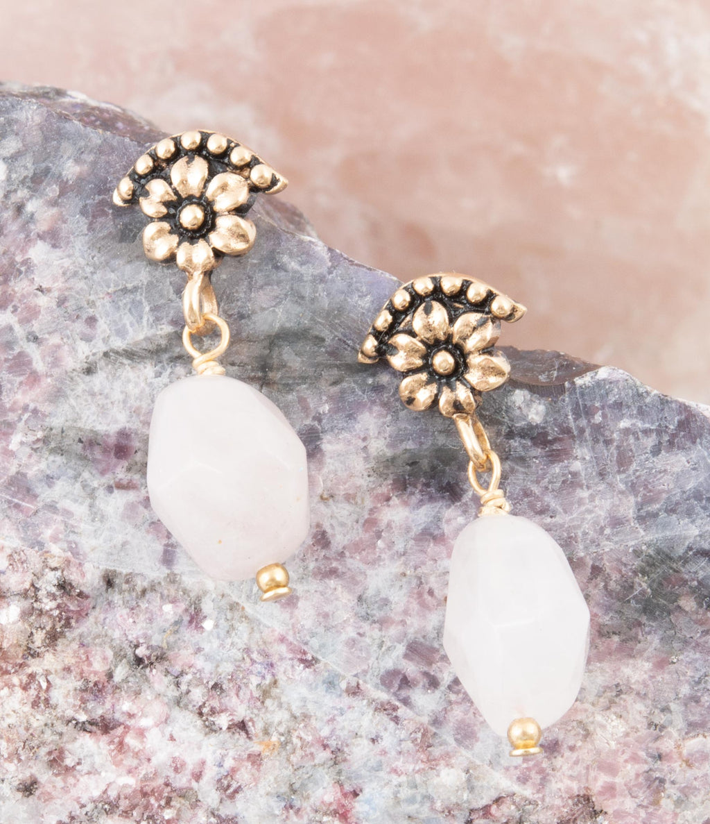 Pink Rose Quartz Golden Floral Drop Earrings | Earrings | Wiccan Center