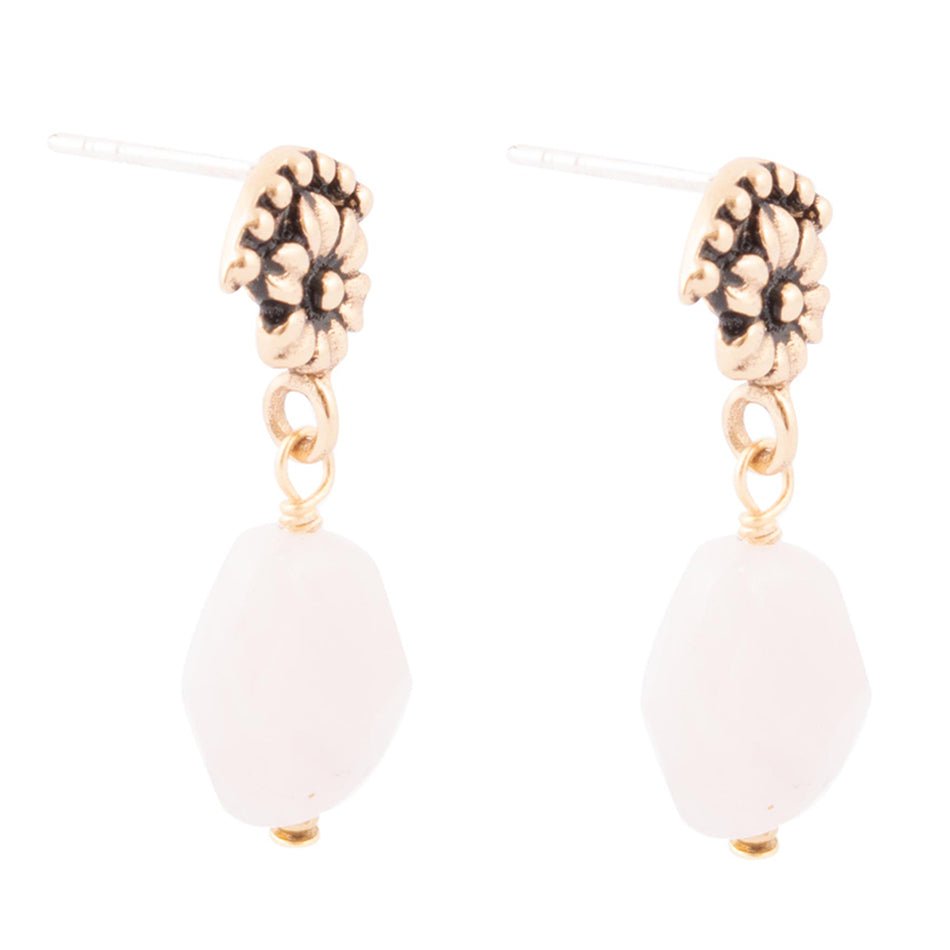 Pink Rose Quartz Golden Floral Drop Earrings | Earrings | Wiccan Center