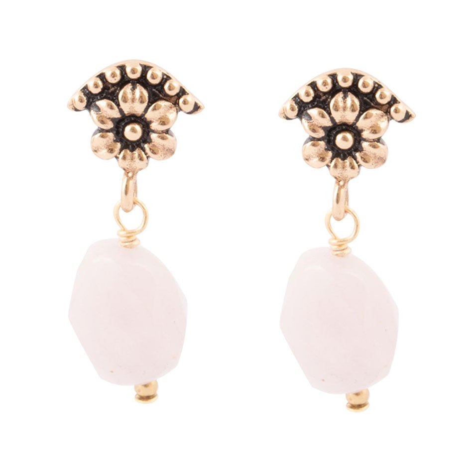 Pink Rose Quartz Golden Floral Drop Earrings | Earrings | Wiccan Center