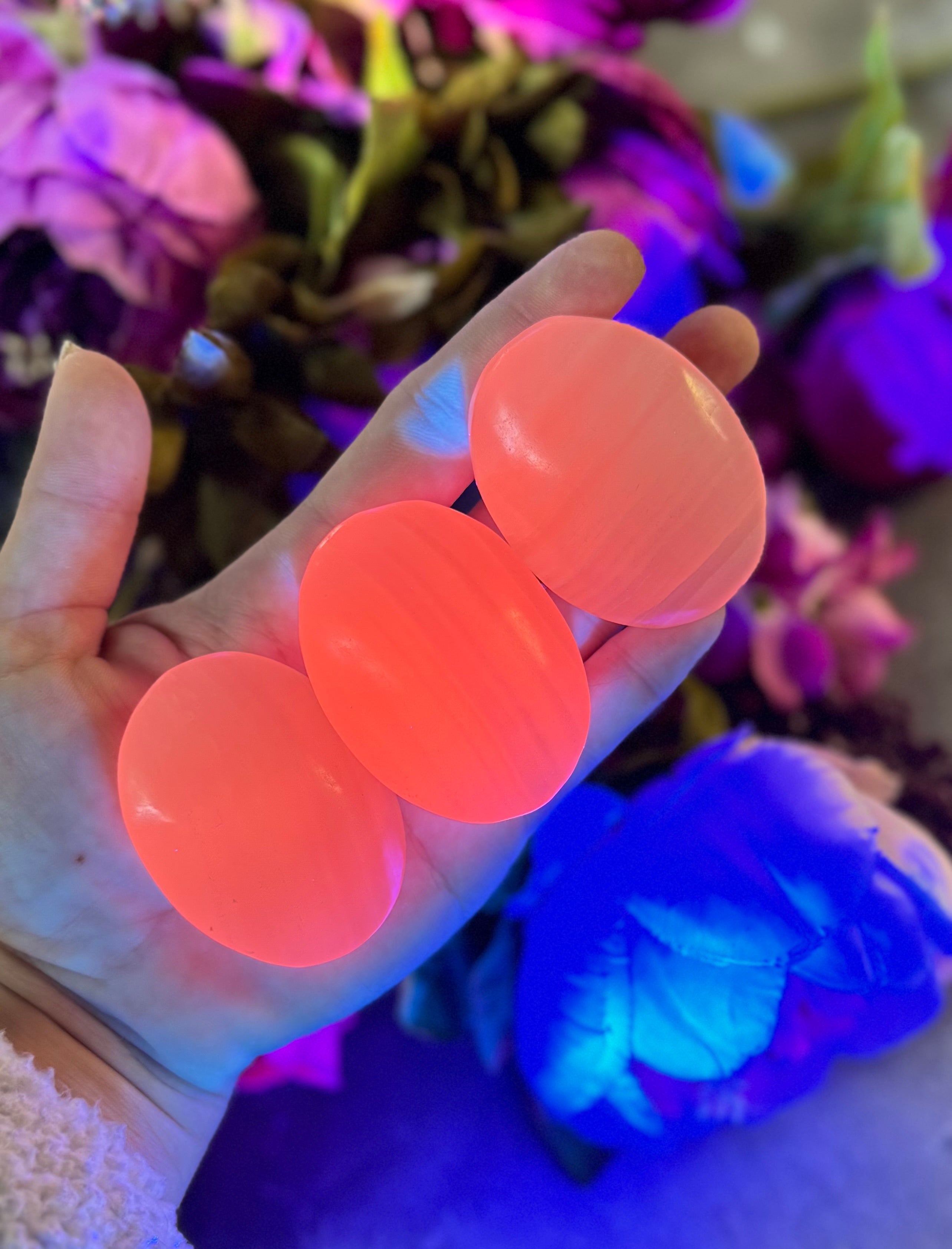 Pink Calcite Palm Stones, UV Reactive, Glows Pink, Fluorescent Minerals | | Wiccan Center