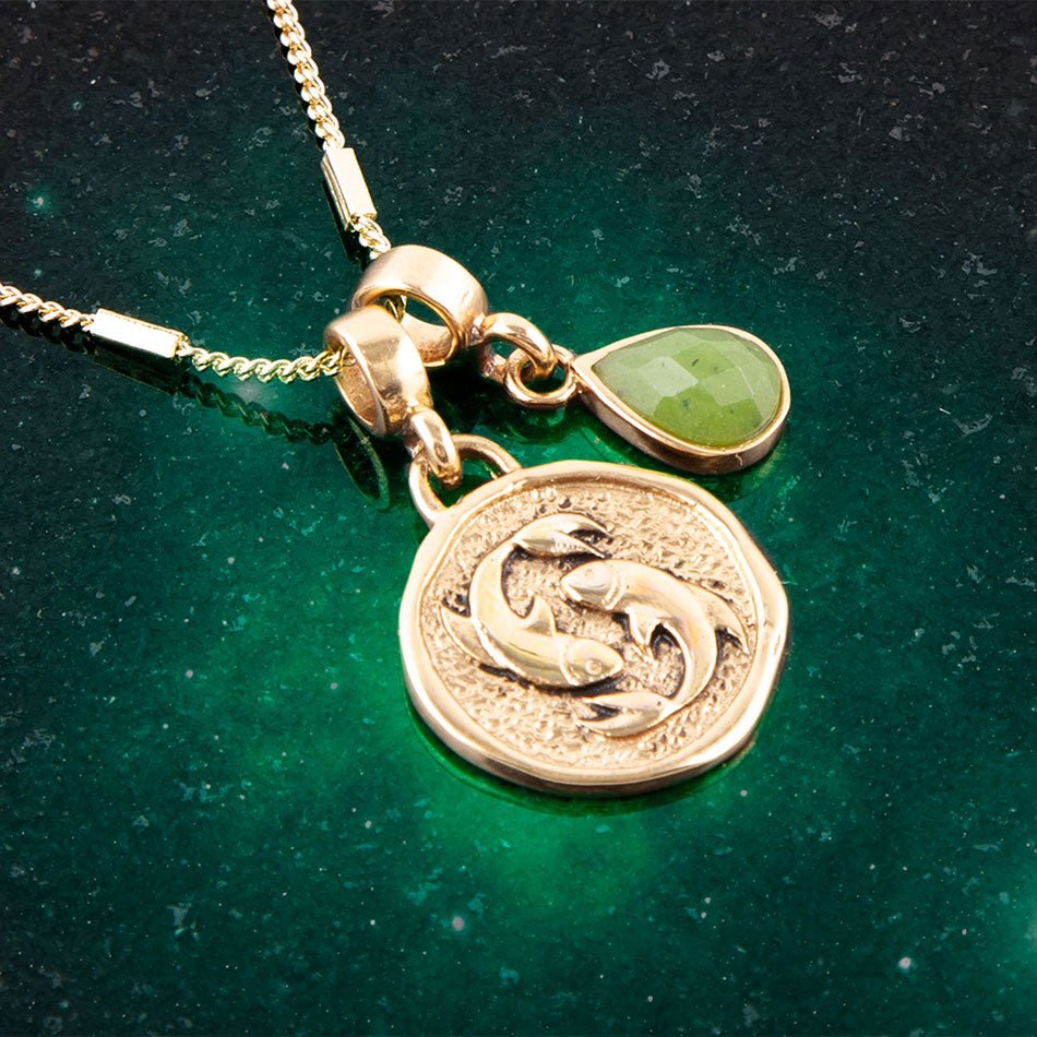 Pisces - Zodiac Green Jade Golden Charm Necklace | Necklaces | Wiccan Center