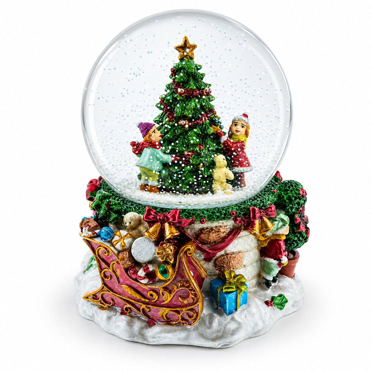 Joyful Children Adorning Christmas Tree: Musical Water Snow Globe | Snow Globes > Winter Villages | Wiccan Center