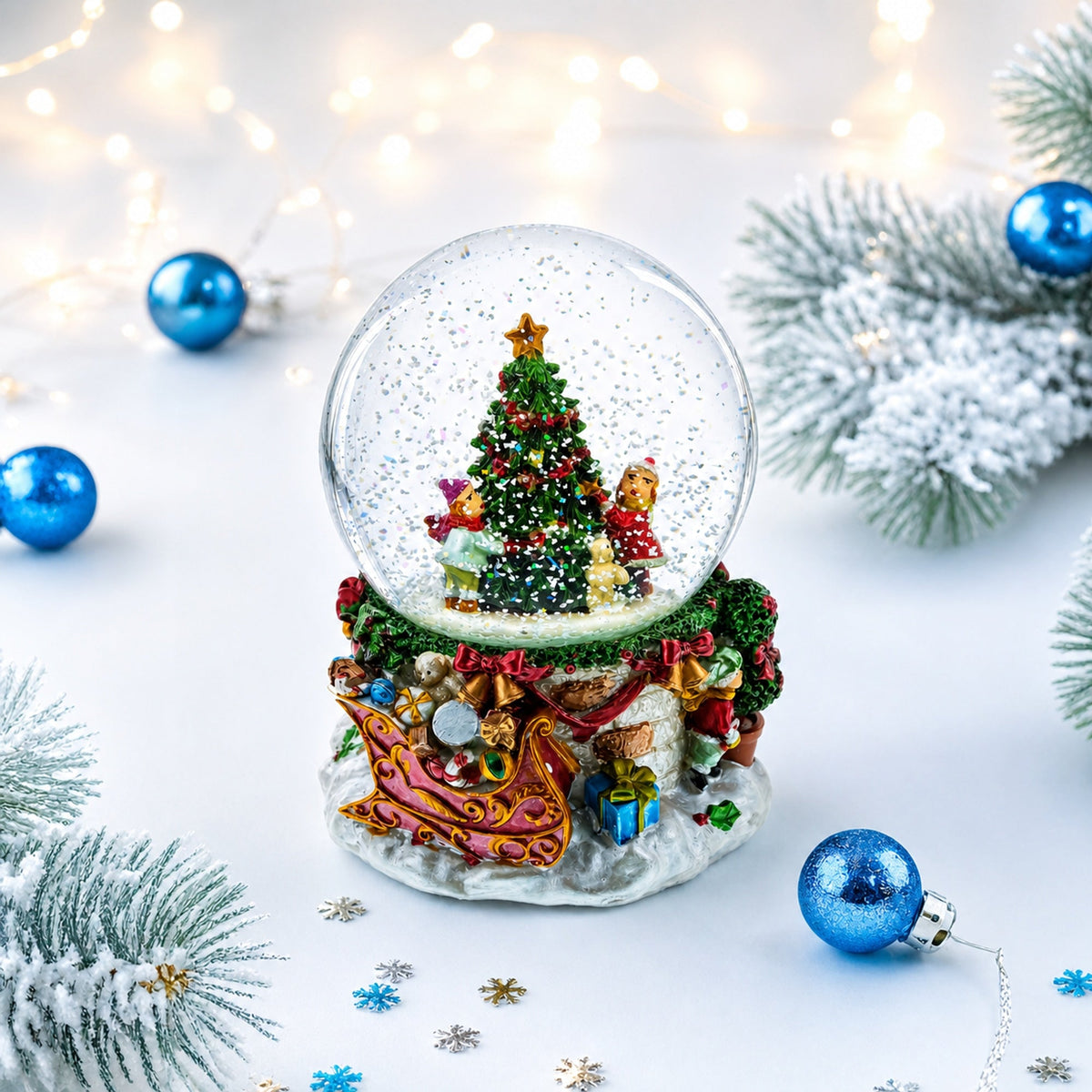 Joyful Children Adorning Christmas Tree: Musical Water Snow Globe | Snow Globes > Winter Villages | Wiccan Center