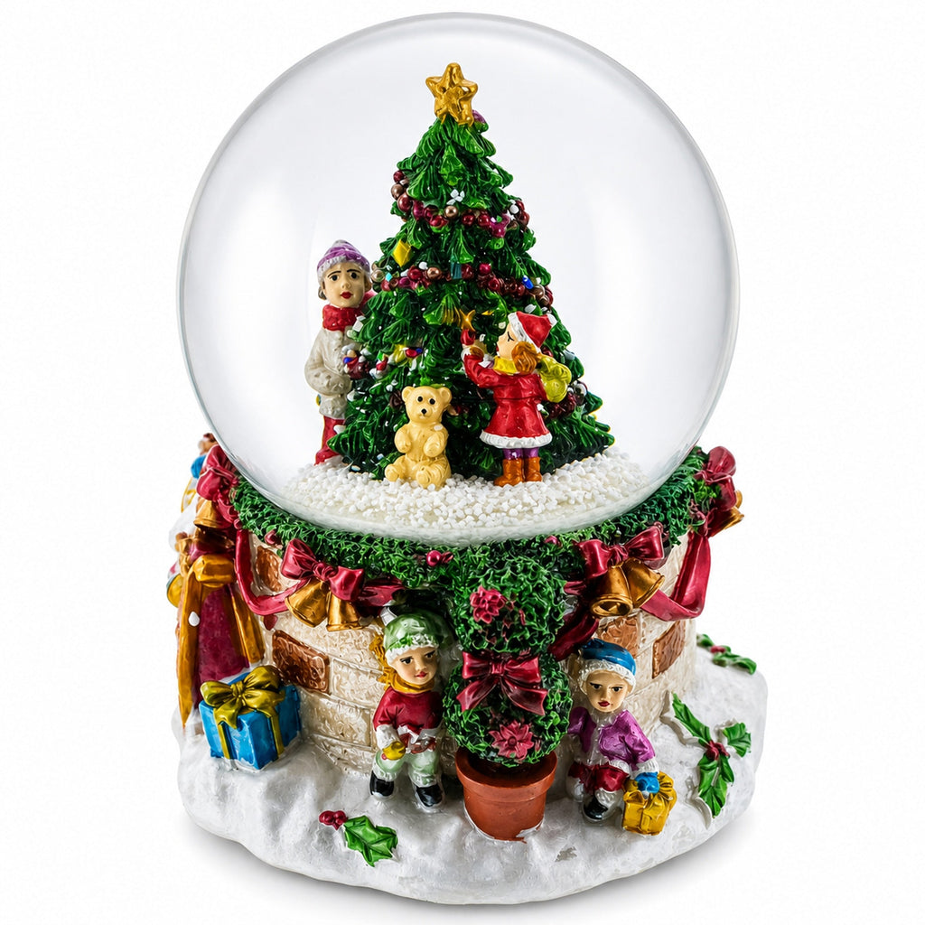 Joyful Children Adorning Christmas Tree: Musical Water Snow Globe | Snow Globes > Winter Villages | Wiccan Center