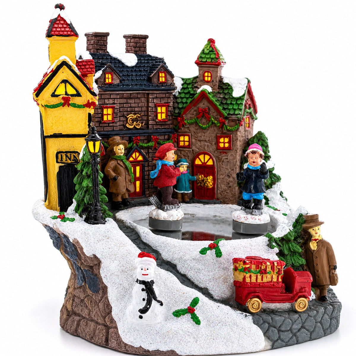 Animated Winter Village Skating Christmas Figurine - Rotating Town Music Box
