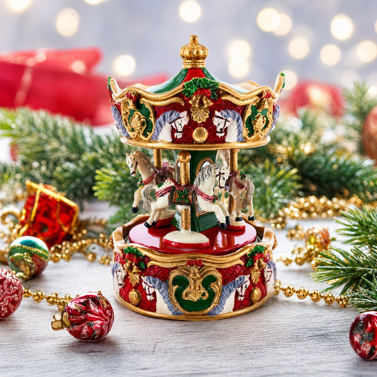 Animated Musical Christmas Carousel Figurine - Rotating Horse Music Box