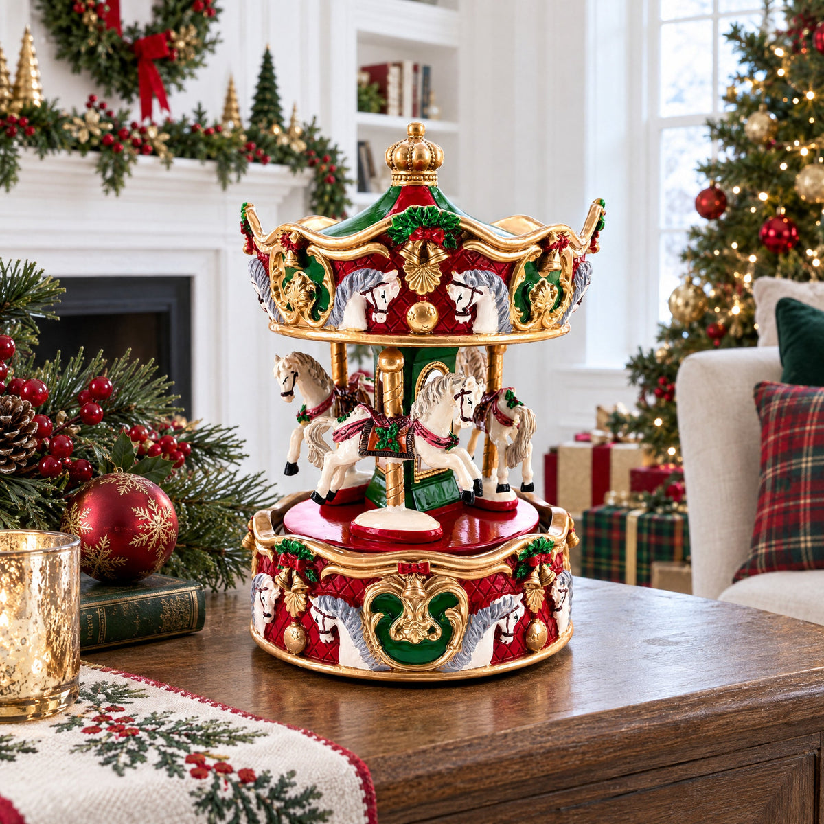 Animated Musical Christmas Carousel Figurine - Rotating Horse Music Box