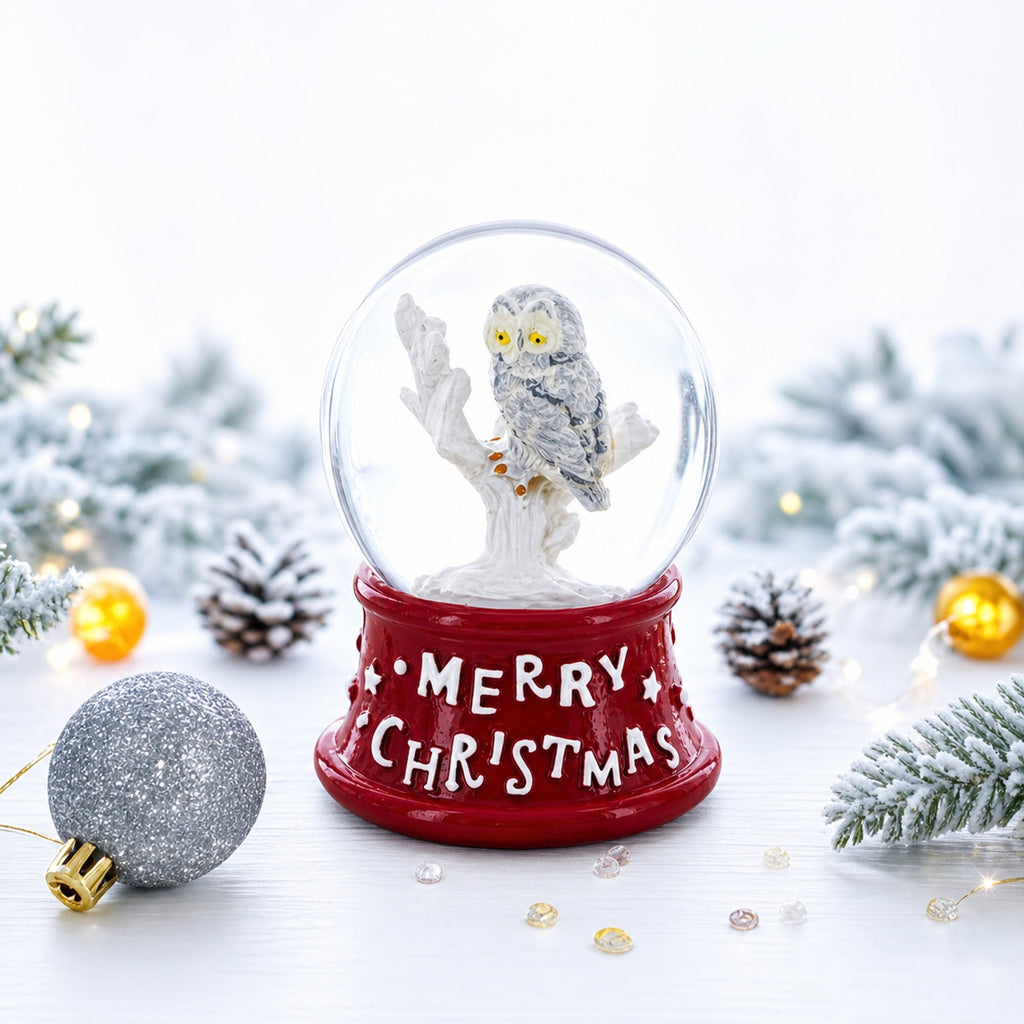 White Owl Perched on Red Base Mini Water Snow Globe | Snow Globes > Animals | Wiccan Center