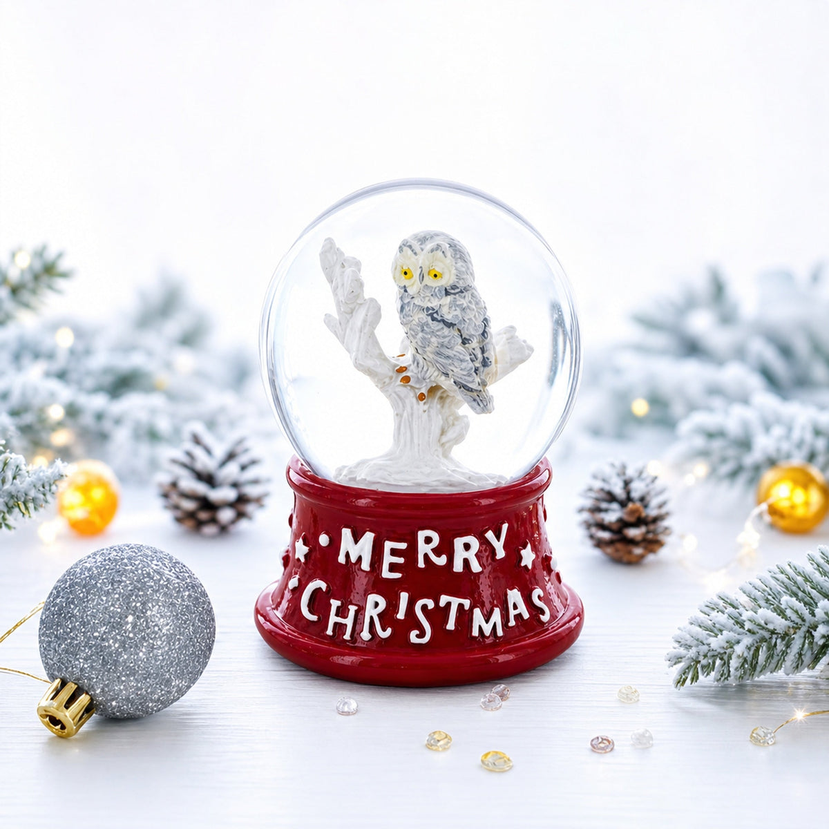 White Owl Perched on Red Base Mini Water Snow Globe | Snow Globes > Animals | Wiccan Center