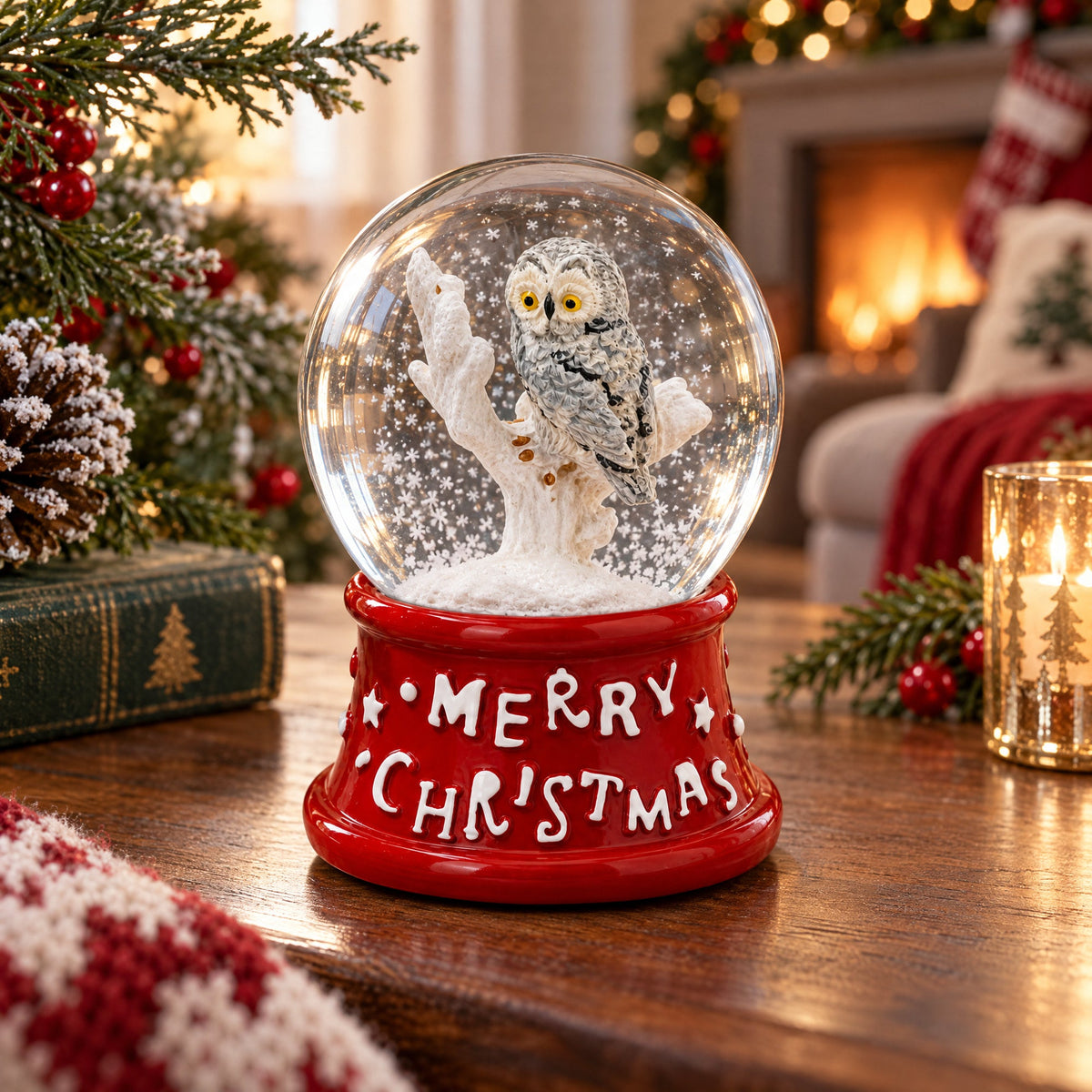 White Owl Perched on Red Base Mini Water Snow Globe | Snow Globes > Animals | Wiccan Center