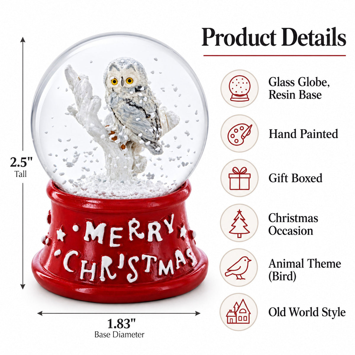 White Owl Perched on Red Base Mini Water Snow Globe | Snow Globes > Animals | Wiccan Center