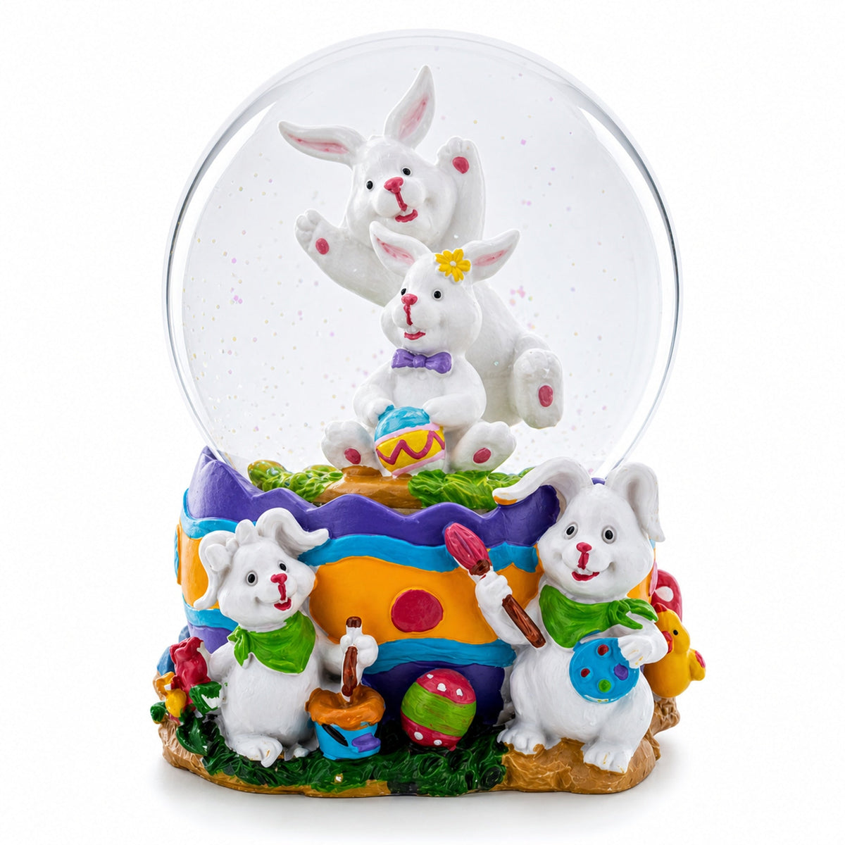 Spring Easter Egg Painting Rabbits Music Box Snow Globe 6 Inches Tall | Easter > Water Globes > Bunnies | Wiccan Center